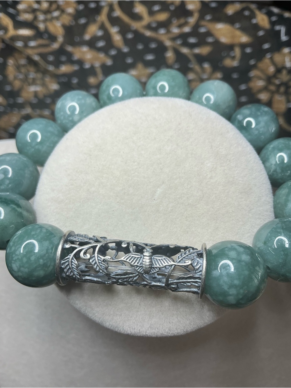 Blue Water Jade 13mm with Luna Moth Tibetan Bridge - Picture 3 of 4